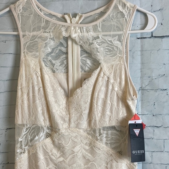 GUESS NWT Silvana Lace Sheer Detail Cutout Mini Bodycon Dress M Bridal Romantic - Picture 6 of 16